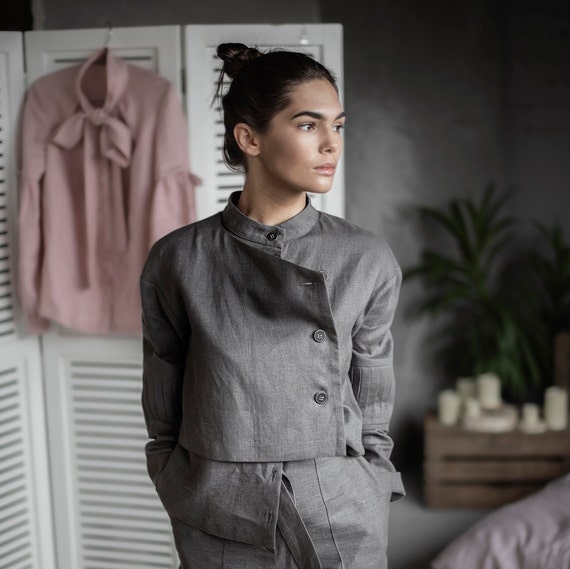 Womens grey linen jacket sale