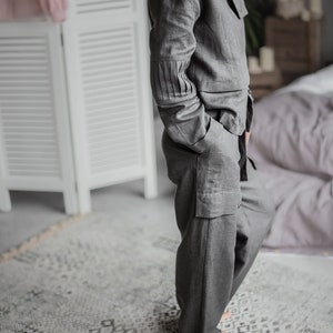 Grey loose linen pants Linen harem pants Wide leg linen pant Boho maxi pants Women pants with pockets Pants with belt Office outfit image 3