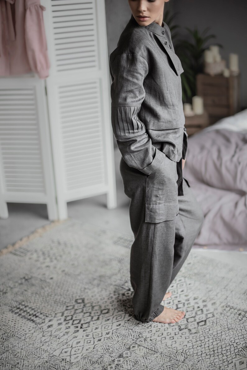 Grey loose linen pants Linen harem pants Wide leg linen pant Boho maxi pants Women pants with pockets Pants with belt Office outfit image 3