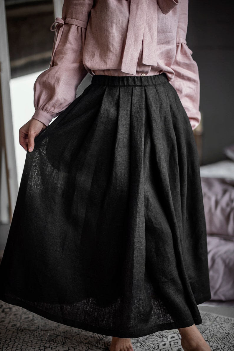 Black Linen Skirt Linen Midi Skirt With Pockets Casual Loose Etsy