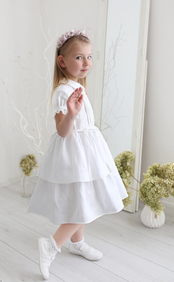 White Girls Linen Dress Flower Girl Dress SAMPLE SALE Size 110cm