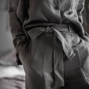 Grey loose linen pants Linen harem pants Wide leg linen pant Boho maxi pants Women pants with pockets Pants with belt Office outfit image 5