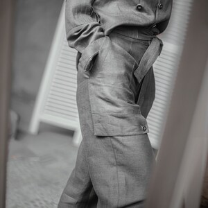 Grey loose linen pants Linen harem pants Wide leg linen pant Boho maxi pants Women pants with pockets Pants with belt Office outfit image 6