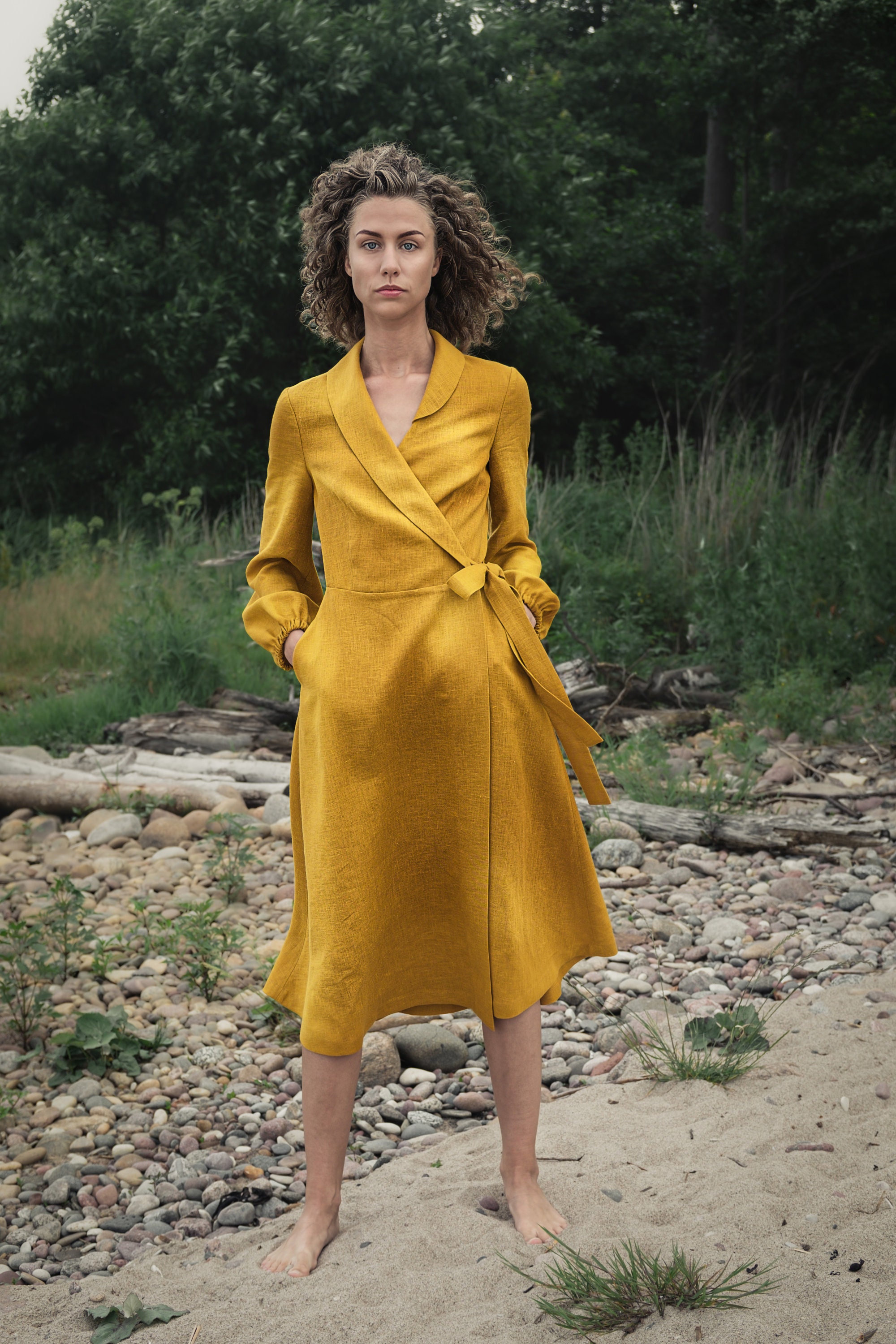 yellow linen wrap dress