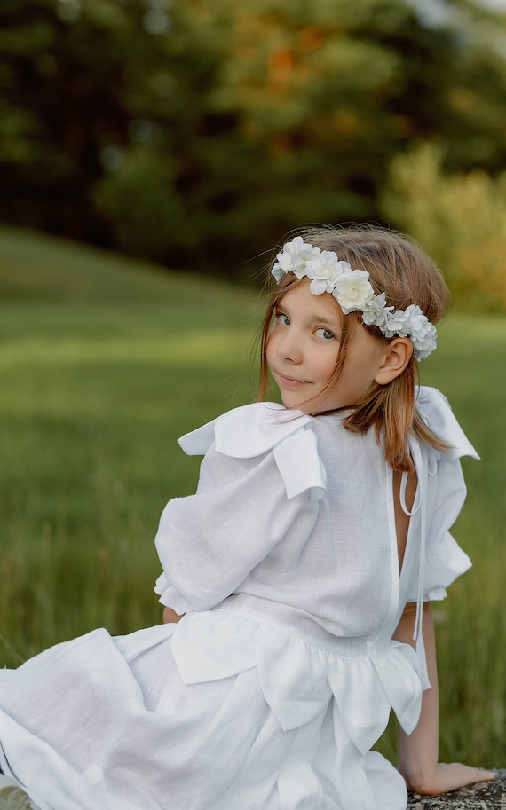 linen communion dress Handmade Linen Flower Girl Dress: Rustic White Communion Gown
