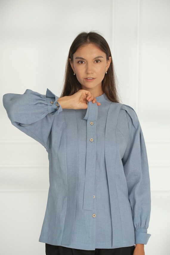 Linen Blouse: Women's Elegant Fitted Top With Pleated Sleeves - Etsy