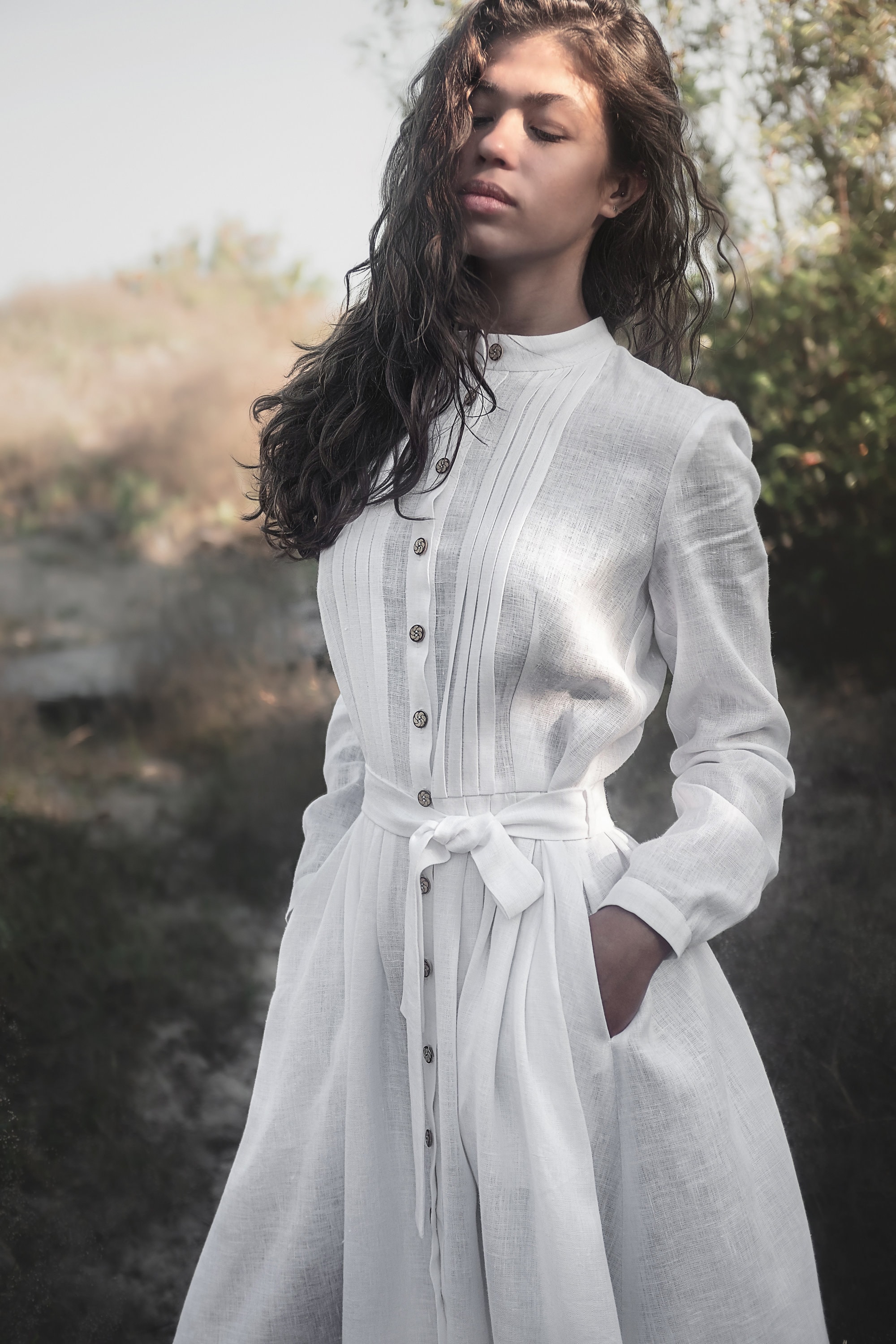 White Linen Midi Dress: Fit & Flare Wedding Guest Dress