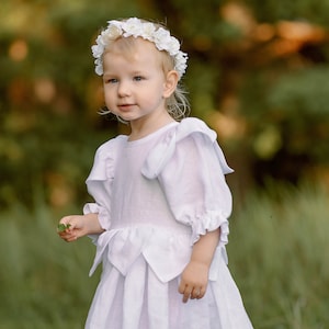 Toddler flower dress White linen baptism baby dress Bridesmaid baby dress Boho communion linen dress Vintage baby ruffled dress Puff sleeve