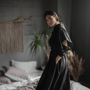 Black Linen Midi Dress: Ruffle Collar Fit & Flare Boho Goth Dress