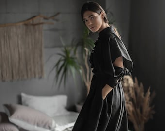 Black Linen Midi Dress: Ruffle Collar Fit & Flare Boho Goth Dress