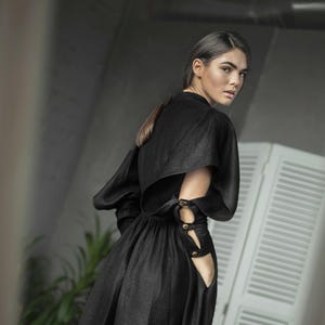 Black midi linen dress Ethnic style Gothic wedding dress Black cocktail dress Holiday linen dress Bridesmaid Medieval style Bohemian style