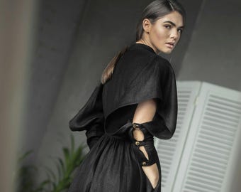Black Linen Midi Dress: Ruffle Priest Collar, Fit & Flare
