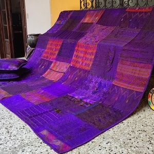 Natural Dyed Purple Queen Size Quilt Set | Upcycled Huipil Patchwork Quilt for Bedding | Queen Size Comforter Cotton Quilt Bedspread