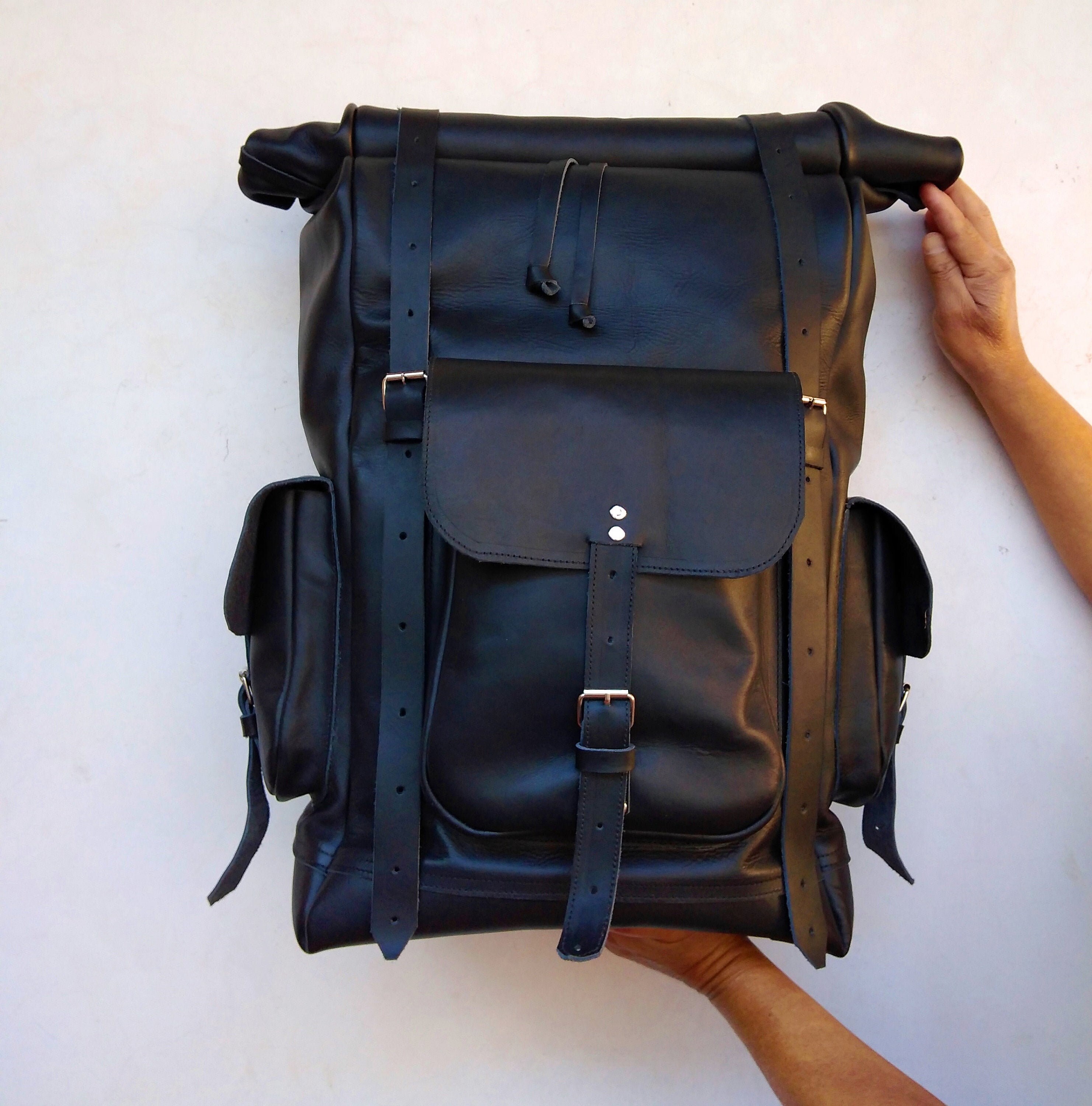 Extra Large Roll Top Leather Backpack for Men and Women/black Etsy