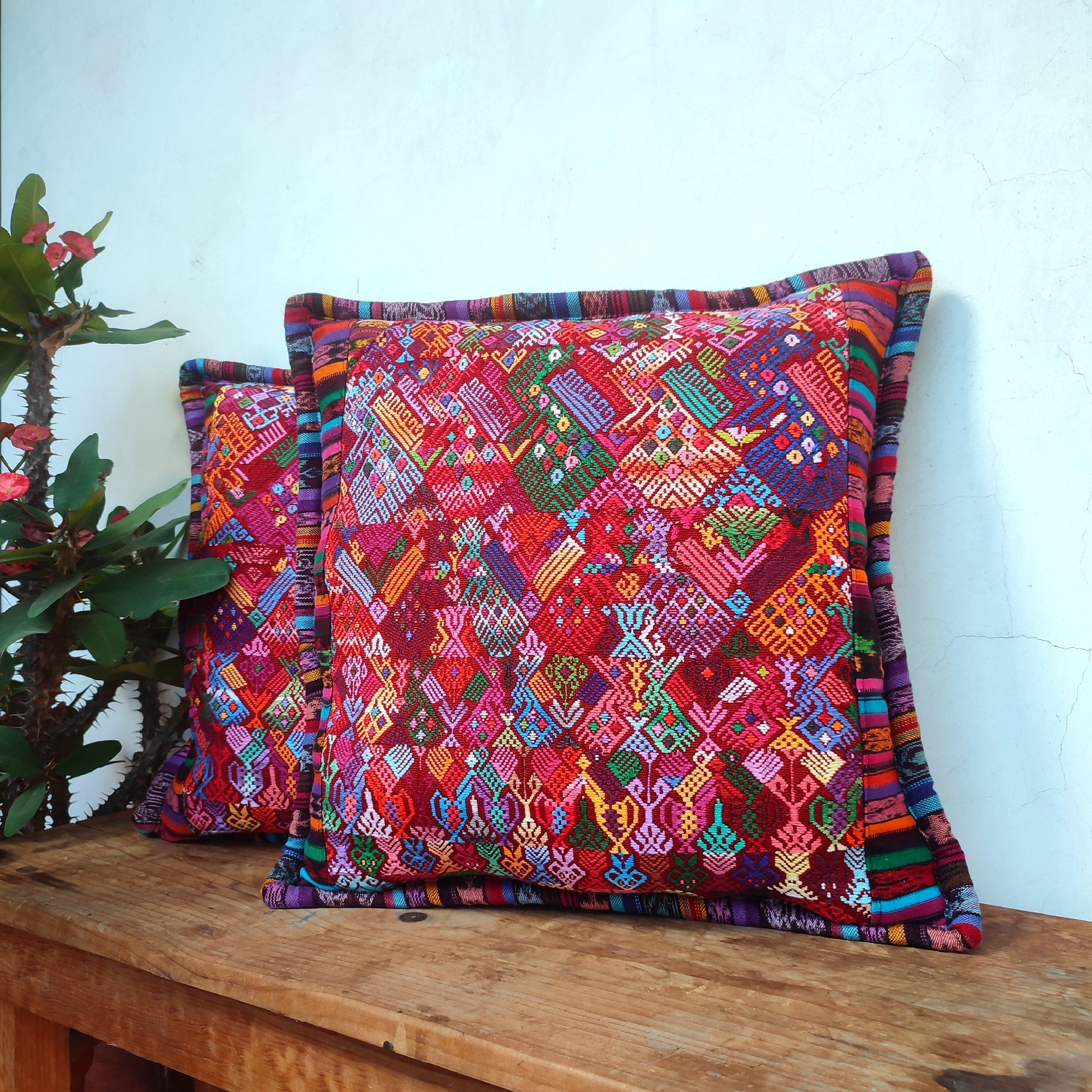 Guatemalan Woven Huipil Pillow Cover 18x18 | Colorful Red Cotton Pillow Cover with Zipper | Handmade Decorative Square Pillow Cover