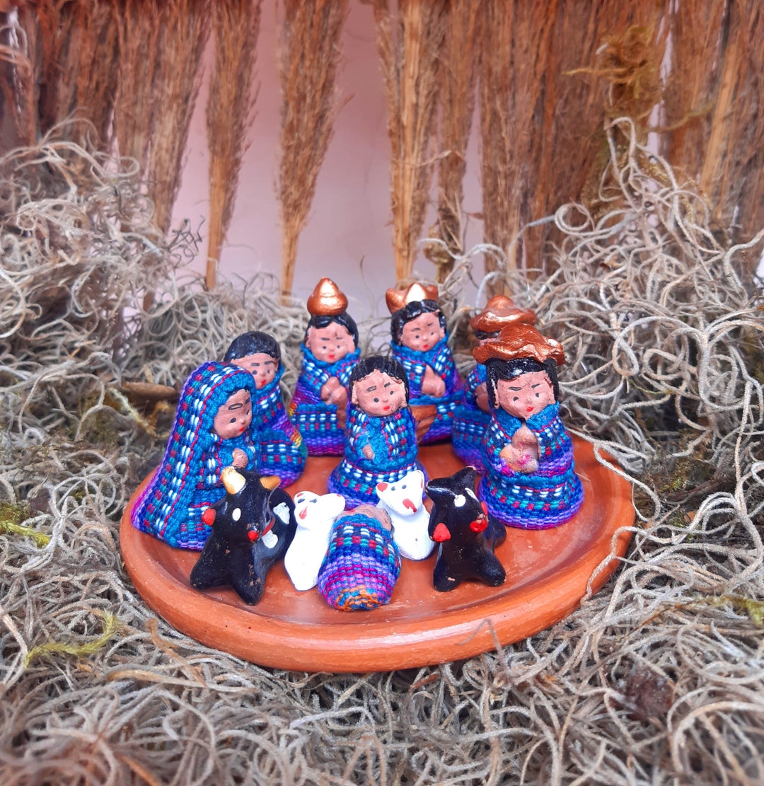 POSADA. Blue Green Ceramic Nativity Set of 12 Pieces Handmade Clay