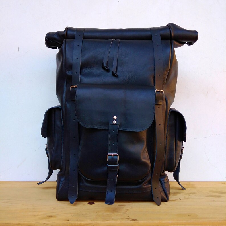 Extra Large Roll Top Leather Backpack for Men and Women/black Etsy