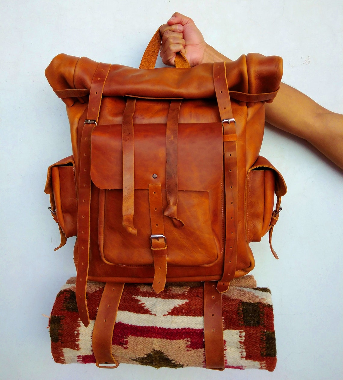 Cinnamon Leather Backpack Men / Roll Top Backpack / Rolltop | Etsy