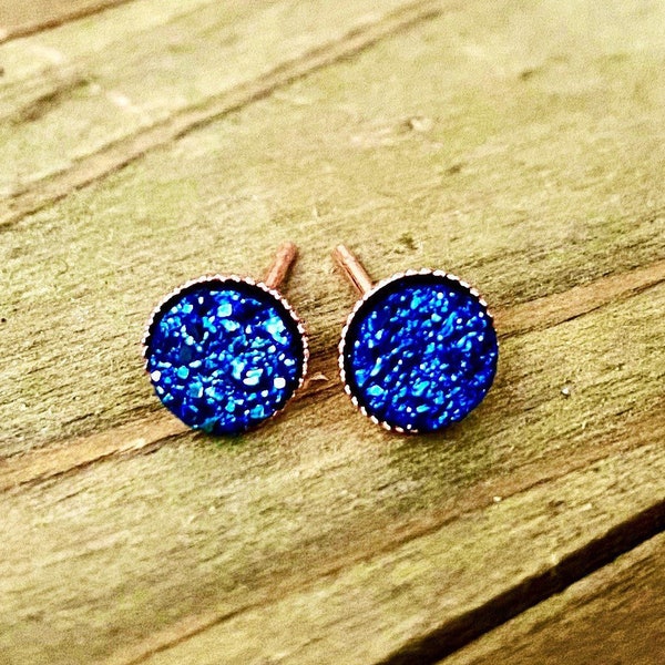 Cobalt Blue Tiny Druzy Stud Earrings, 6mm, Druzy, Rose Gold, Round, Metallic Earring Posts, Faux Drusy Quartz, Small Druzy studs, Navy Blue