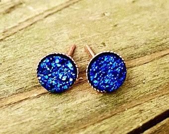 Cobalt Blue Druzy Stud Earrings: Rose Gold, 6mm Faux Quartz