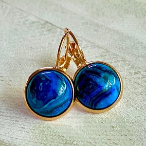 Blue Apatite Gemstone Dangling earrings, Lever-back, Semi-precious stone, Gold, 12mm, round, handmade, USA, handmade