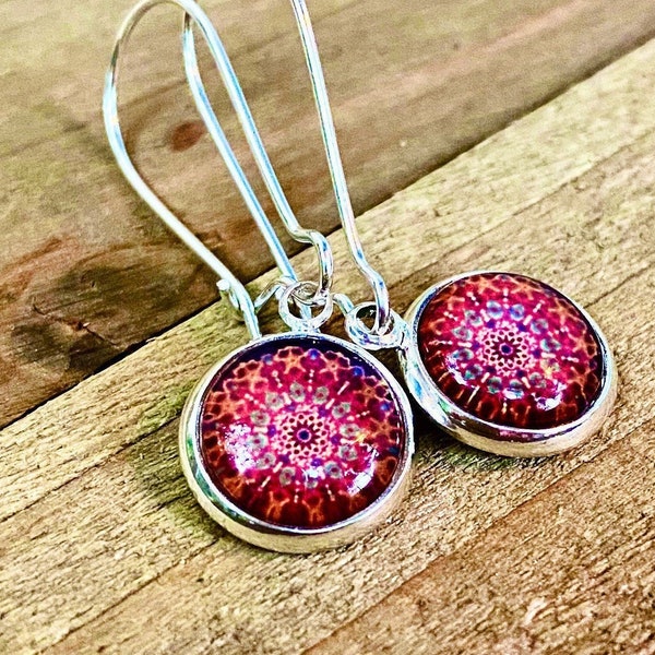 Gorgeous Mandala Dangling Glass Earrings, Silver, Latch-back Earring Hooks, handmade, USA 10mm, Boho, Round, lever-back, photo, image