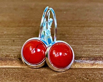 Red Jasper Gemstone earrings, Lever-back, Sterling Silver 925, semi-precious stone, 10mm, round, handmade, USA, Brecciated, Poppy Jasper