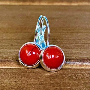 Red Jasper Gemstone earrings, Lever-back, Sterling Silver 925, semi-precious stone, 10mm, round, handmade, USA, Brecciated, Poppy Jasper