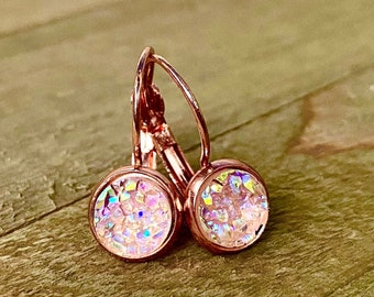 Shimmering Light Pink Druzy lever back Earrings, Rose Gold, Quartz, Dangling, Lever-back, 8mm drusy, cabochons, Dangle, drop, leverback, USA