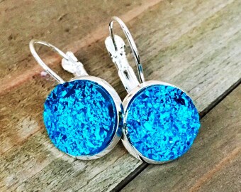 Electric Blue Druzy Lever-Back Earrings, Sterling Silver, 12mm, Drusy Quartz, Round, Handmade, Light Blue, leverback earrings, dangling