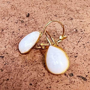 White Jade Gemstone Dangling Earrings, Lever-Back, Gold, Semi-Precious Stone, 12mm, Teardrop, Leverback, handmade, USA, White Stone