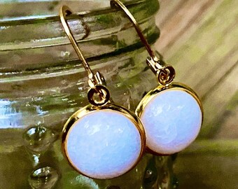 White Jade Gemstone earrings, Lever-back earring hooks, Gold, semi-precious stone, 12mm, round, leverback, handmade, USA, jasper