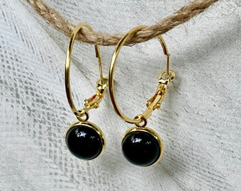 Handmade Gold Hoop Earrings: Black Onyx Gemstone Dangle Charms