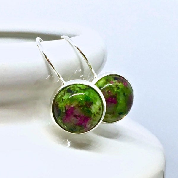 Ruby In Zoisite Gemstone Earrings, Lever-Back, Sterling Silver .925, Semi-Precious Stone, 12mm, Round, Leverback, Ruby Fuchsite