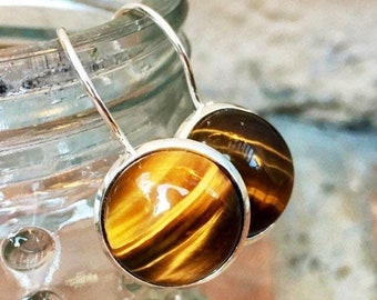 Tiger&#39;s eye gemstone Lever-Back Earrings, 12mm stone, golden brown stone, Sterling Silver .925, large natural, Dangle, genuine natural stone
