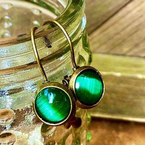 Forest green cat’s eye gemstone Lever back earrings, 8mm, round, lever-back, stone, Bronze, Small, dangling, USA, natural