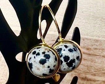 Dalmation Jasper Gemstone Dangling earrings, Lever-back, Gold, 10mm, round, lever back, USA, black and white spotted stone