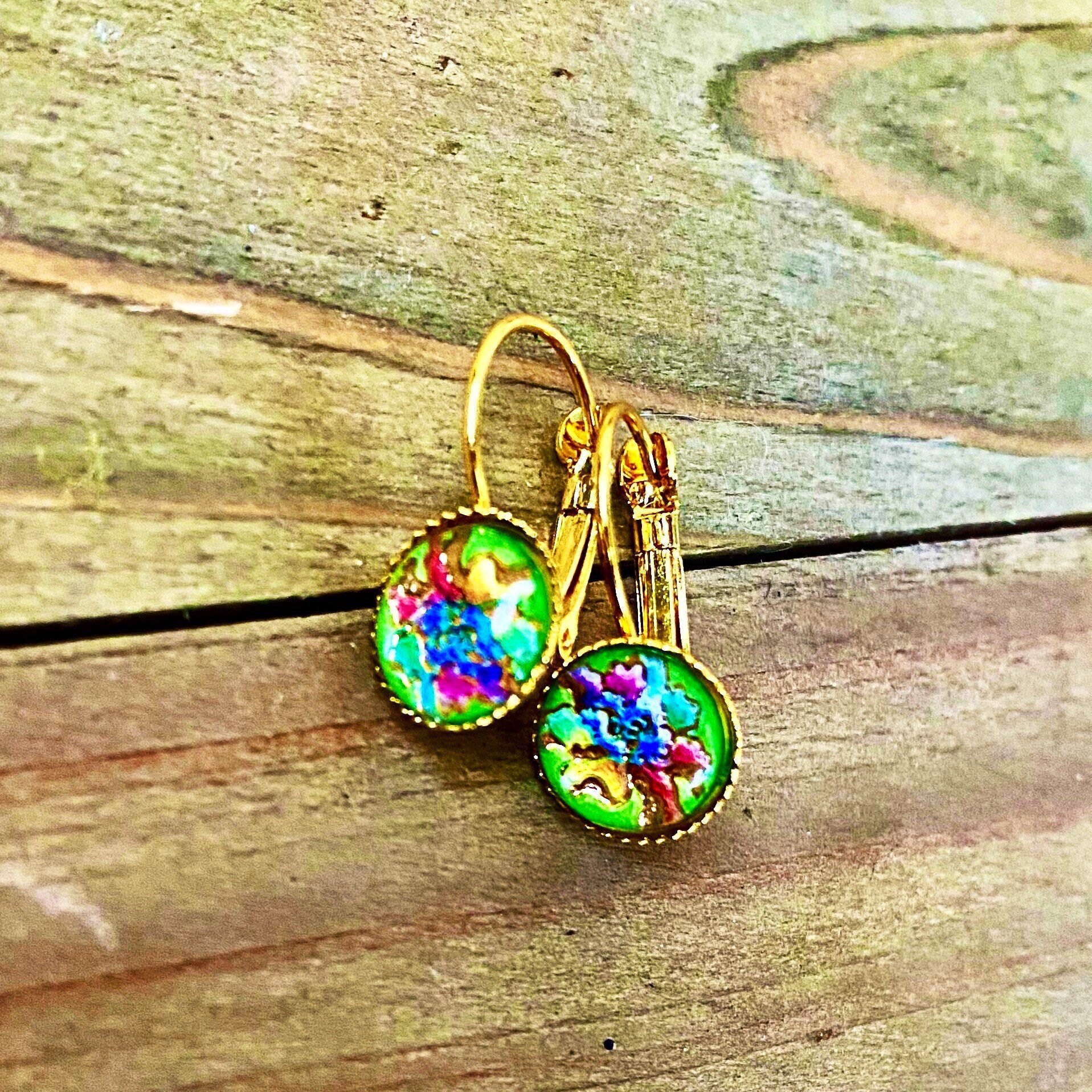 Bohemian Floral Lever Back Earrings 12mm Round Silver Etsy