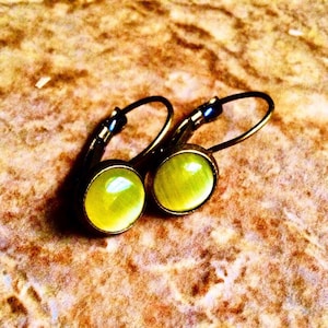 Yellow Cat&#39;s Eye Gemstone earrings, bronze, 8mm, lever-back, USA, small, dangling, chrysoberyl, stone, moonstone, leverback, handmade, USA