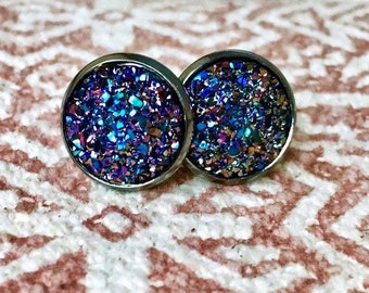 Metallic purple blue druzy studs, gunmetal settings, round, 12mm, USA, dome shape drusy quartz