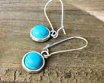 Minimalist Turquoise Gemstone Earrings, Stone Dangling Earrings, 8mm Round, Silver Kidney Wire Hooks, Handmade USA, Stone Charm, Blue Stone