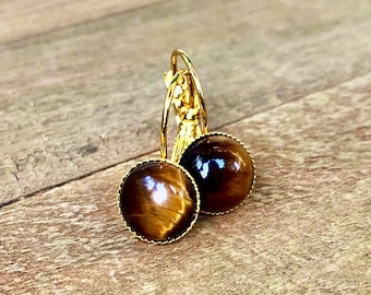Tigerauge Brisur Ohrringe: 10 mm Goldener Brauner Edelstein
