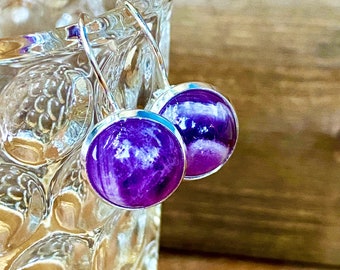 Amethyst Gemstone Lever-Back Earrings, 12mm Stone, Dark Purple Gemstone, Sterling Silver 925, Small, Natural, Dangle, Genuine Amethyst Stone