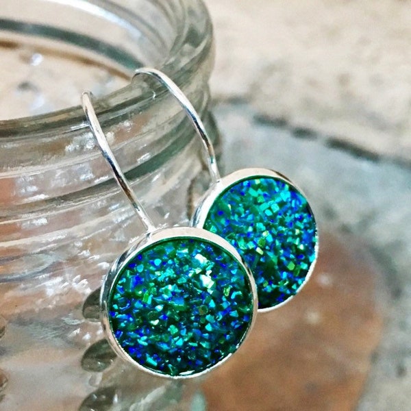 Cozumel Teal Druzy Lever Back Earrings, Sterling Silver, 12mm, Faux Drusy, Shimmering, Dome Round Drusy Quartz, USA, Handmade