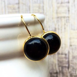 Black Onyx Gemstone Dangling earrings, Lever-back earrings, Gold Plated, 12mm, round, lever back, dangling Onyx earrings, USA, black stone