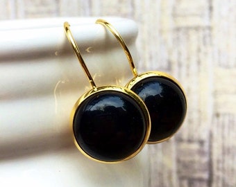 Black Onyx Gemstone Dangling earrings, Lever-back earrings, Gold Plated, 12mm, round, lever back, dangling Onyx earrings, USA, black stone