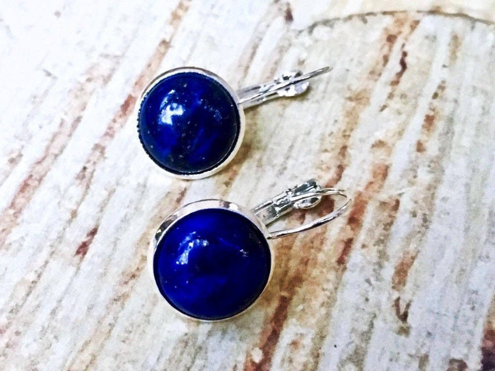 Lapis Lazuli Gemstone Lever-back Earrings 12mm Round - Etsy