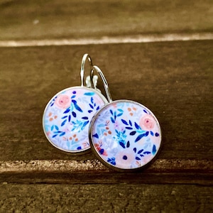 Enchanting Floral Lever-Back Earrings, 14mm, Glass Image, Handmade, Sterling Silver, Dangling, Leafs, Petals, & Flowers Photo Earrings, drop