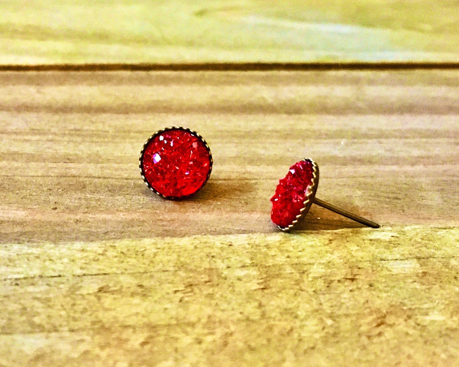 Tiny Red Druzy Quartz stud earrings Bronze Earring Posts Etsy