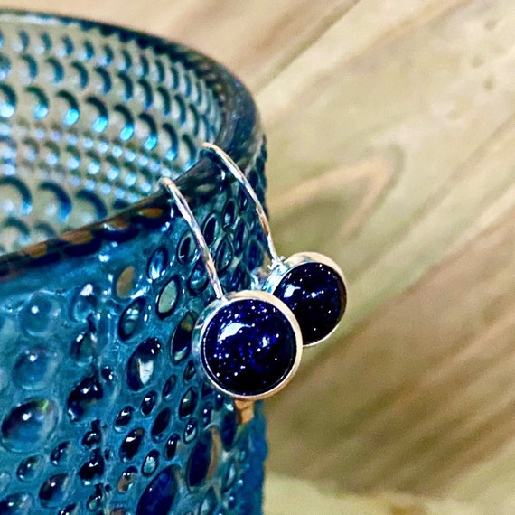 Handmade Blue Goldstone Earrings: Sterling Silver Lever-Back Dangle